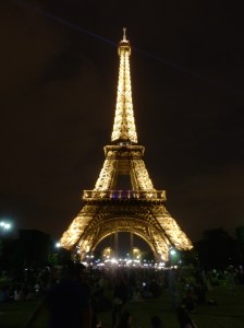Eiffel Tower lit up at night